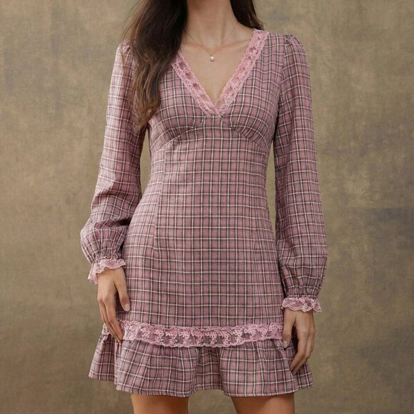 Baby Pink Elegant Women's Boho Embroidered Plaid Mini Dress - Picture 3 of 6